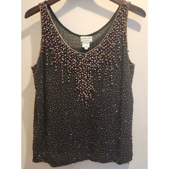 Vintage Judith Anne Creations Small 100% Silk Black & Gold Beaded Flowy Tank Top - Picture 4 of 14